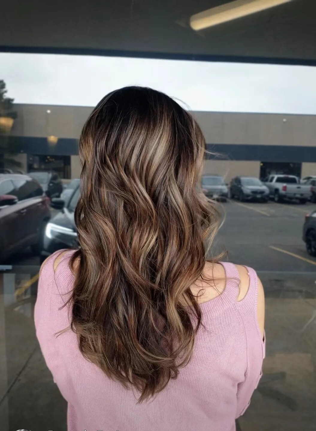 Soft Brunette Color with Warm Lowlights, Soft Waves for Finishing Style