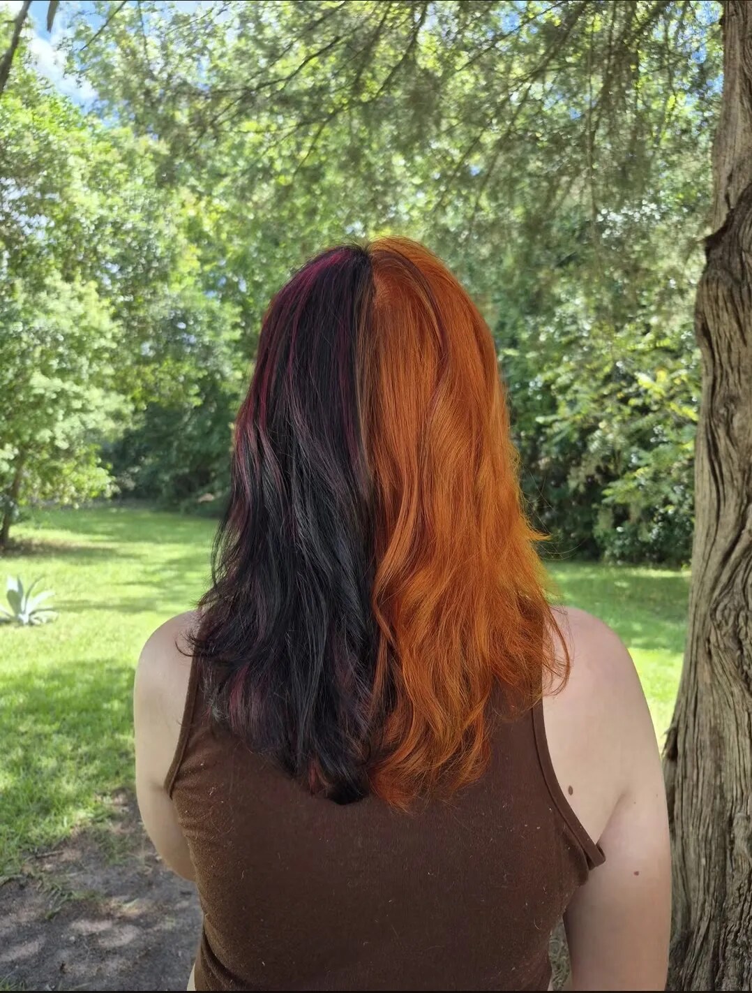 Split Vivid Fashion Color, Orange on the Right Side and Black with Red on the Left Side